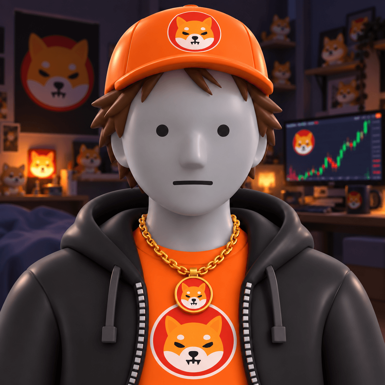 Shibroke, a 3D gray mannequin character in an orange SHIB cap, black hoodie and gold Shiba chain, staring blankly in a dim bedroom full of SHIB merch.